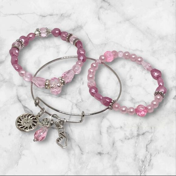 Handmade Pink Beads & Rhinestone Accents Bangle & Stretch Charm Bracelet Set - Picture 1 of 5